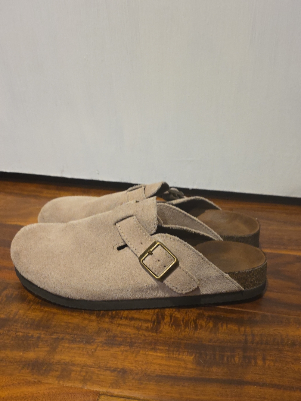 Women's Suede Buckle Clog — Beige